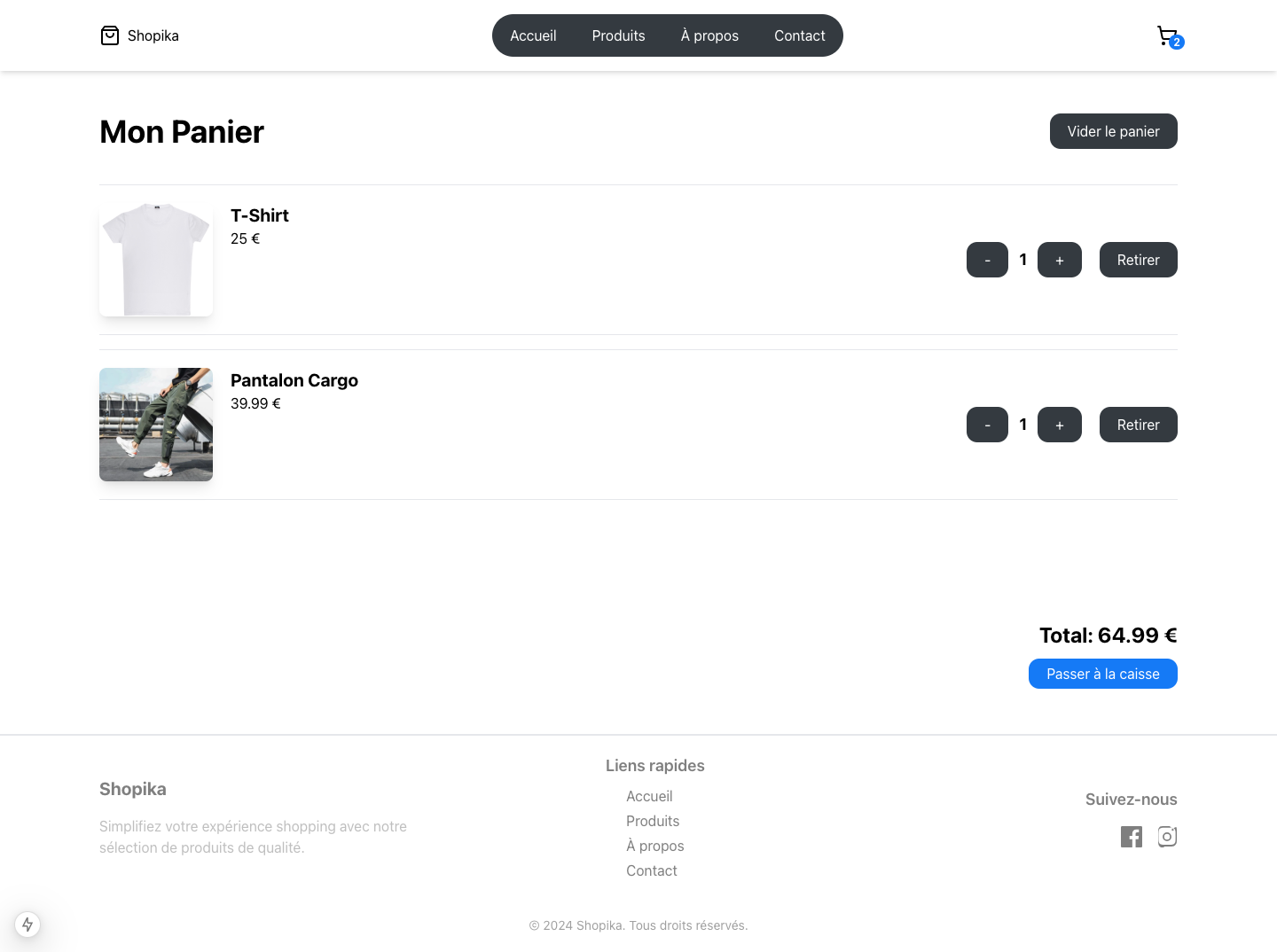 La page du panier permet aux utilisateurs de voir un récapitulatif détaillé de leurs sélections : produits, quantités, prix et total. Cette page est optimisée pour une expérience fluide avec des options de modification comme ajouter, retirer ou ajuster les quantités.